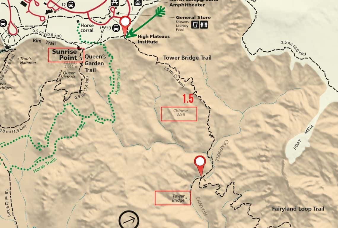 Map of Tower Bridge Trail in Bryce Canyon