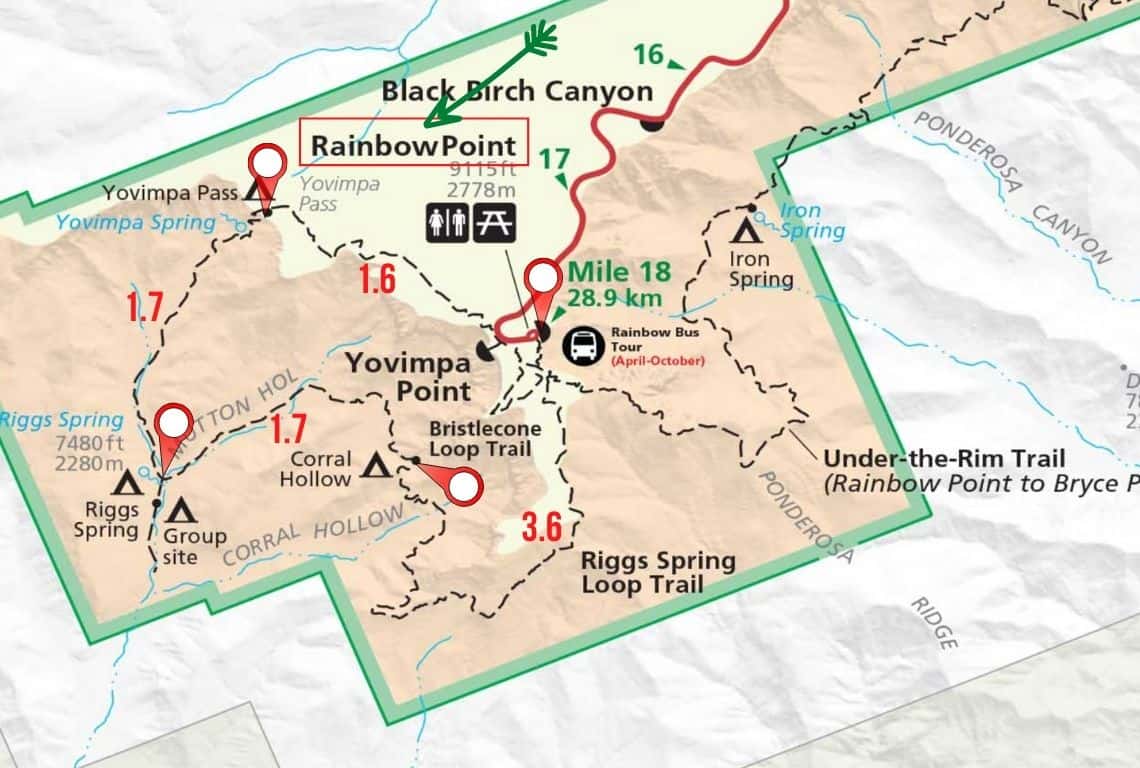 Map of Riggs Spring Loop Trail in Bryce Canyon