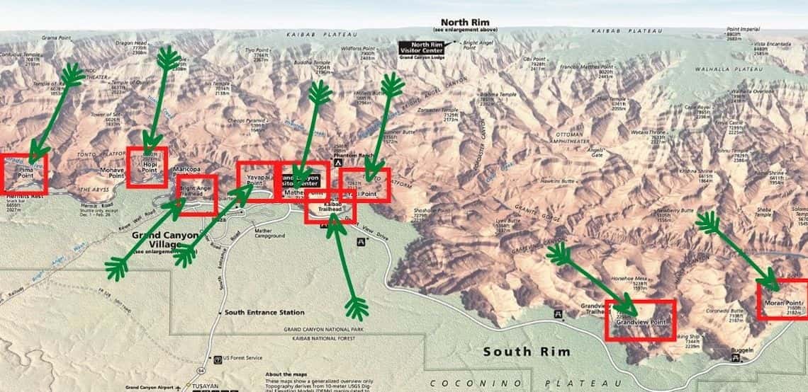 Map of the Best Photography Locations in Grand Canyon