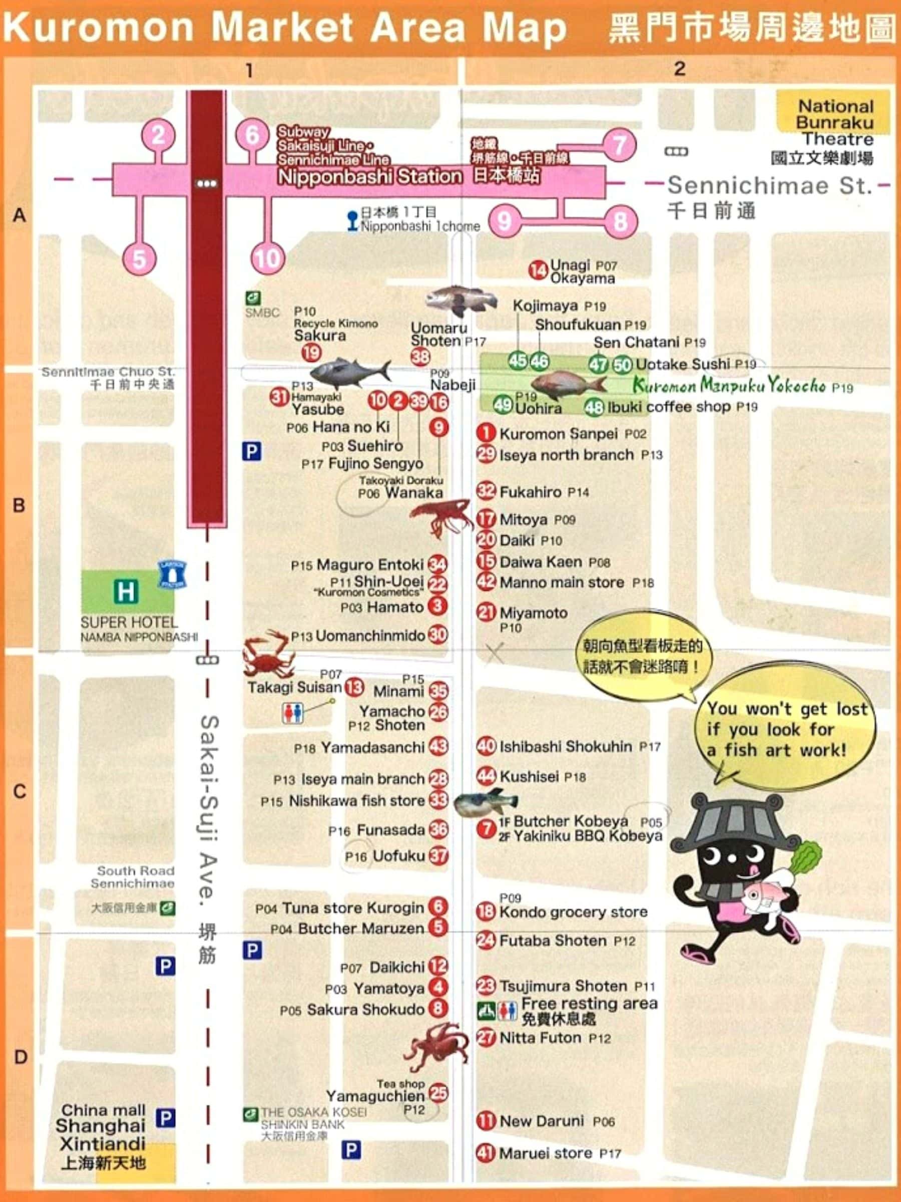 What to Eat at Osaka Kuromon Market Map of Osaka Kuromon Market