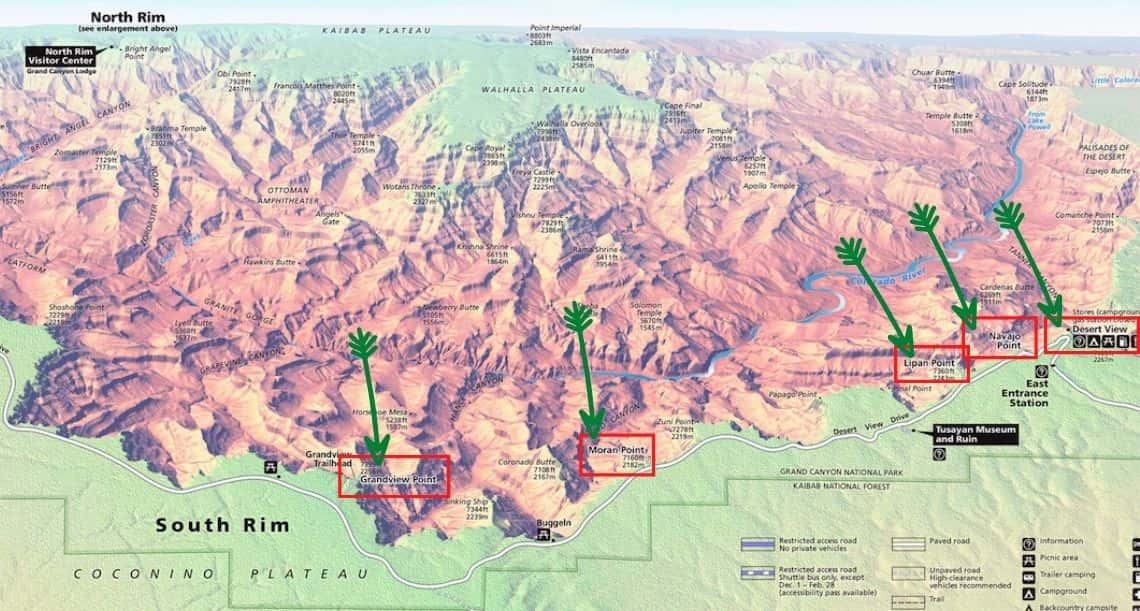 Map of Desert View Drive in Grand Canyon National Park