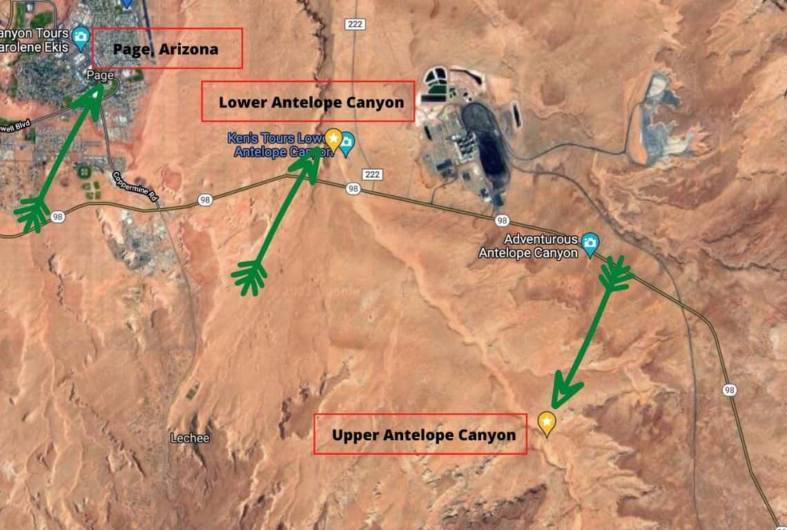 Map of Lower and Upper Antelope Canyon