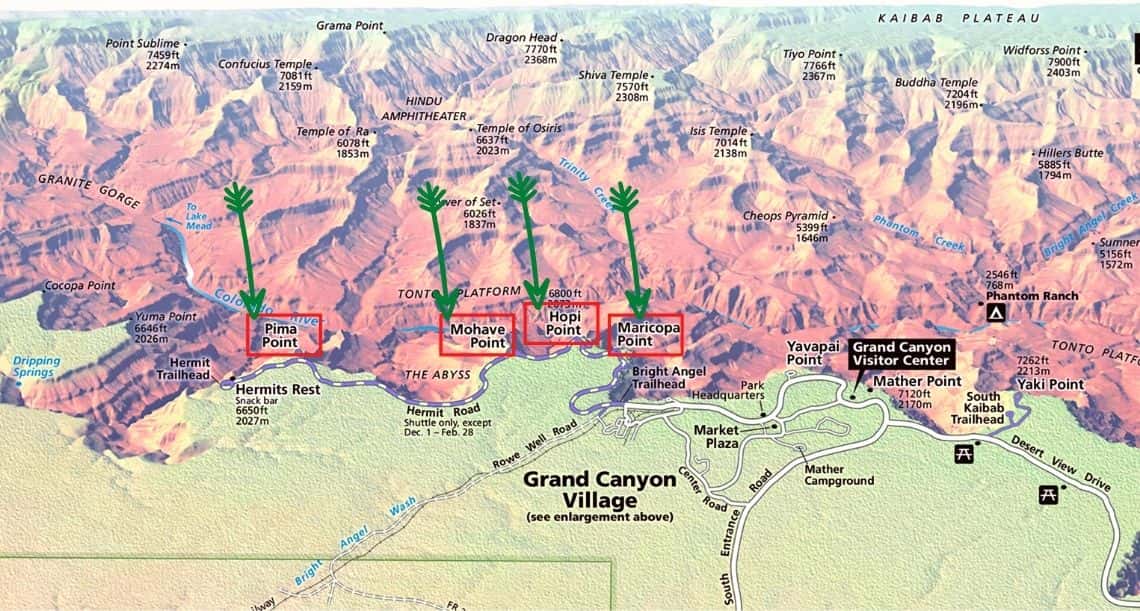 Map of Hermit Road in Grand Canyon