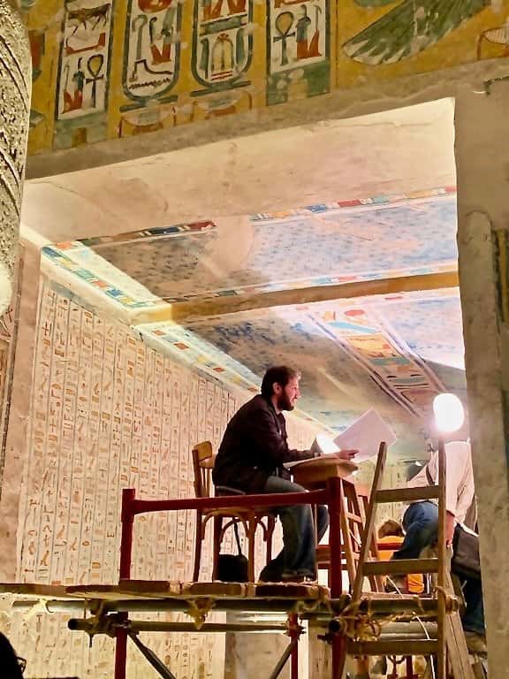 Research and exploration happening inside the tomb in the Valley of the Kings.