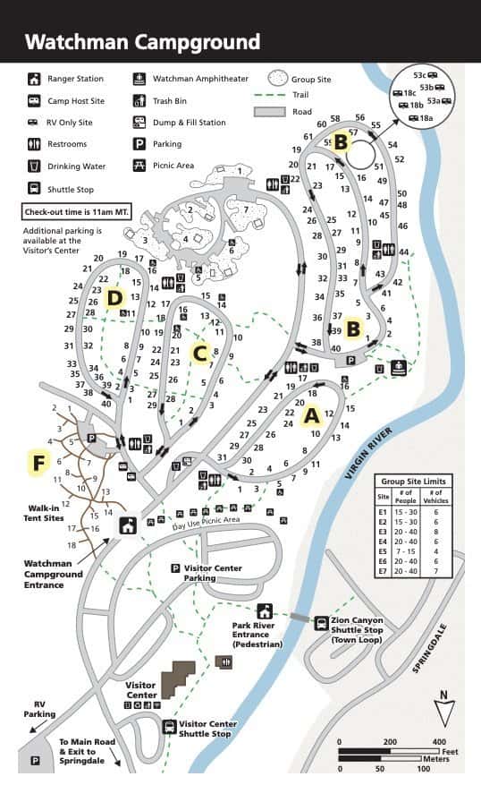 Map of Zion National Park Watchman Campground