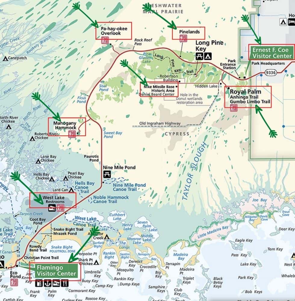 Map of Everglades National Park with Stops