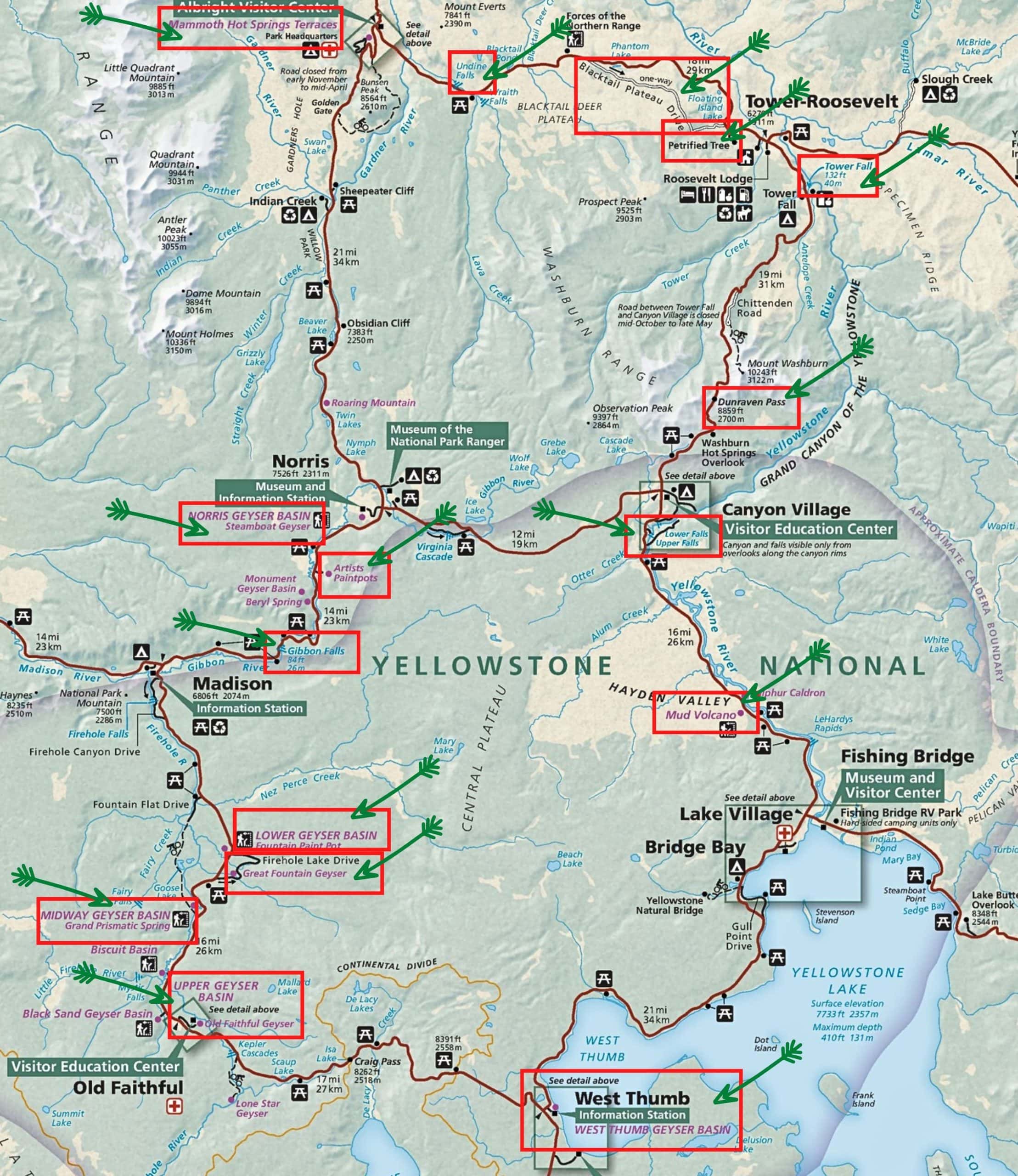 Map of Best Stops on Yellowstone Grand Loop Drive