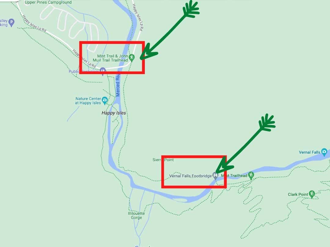 Map of Mist Trail to Vernal Fall Footbridge