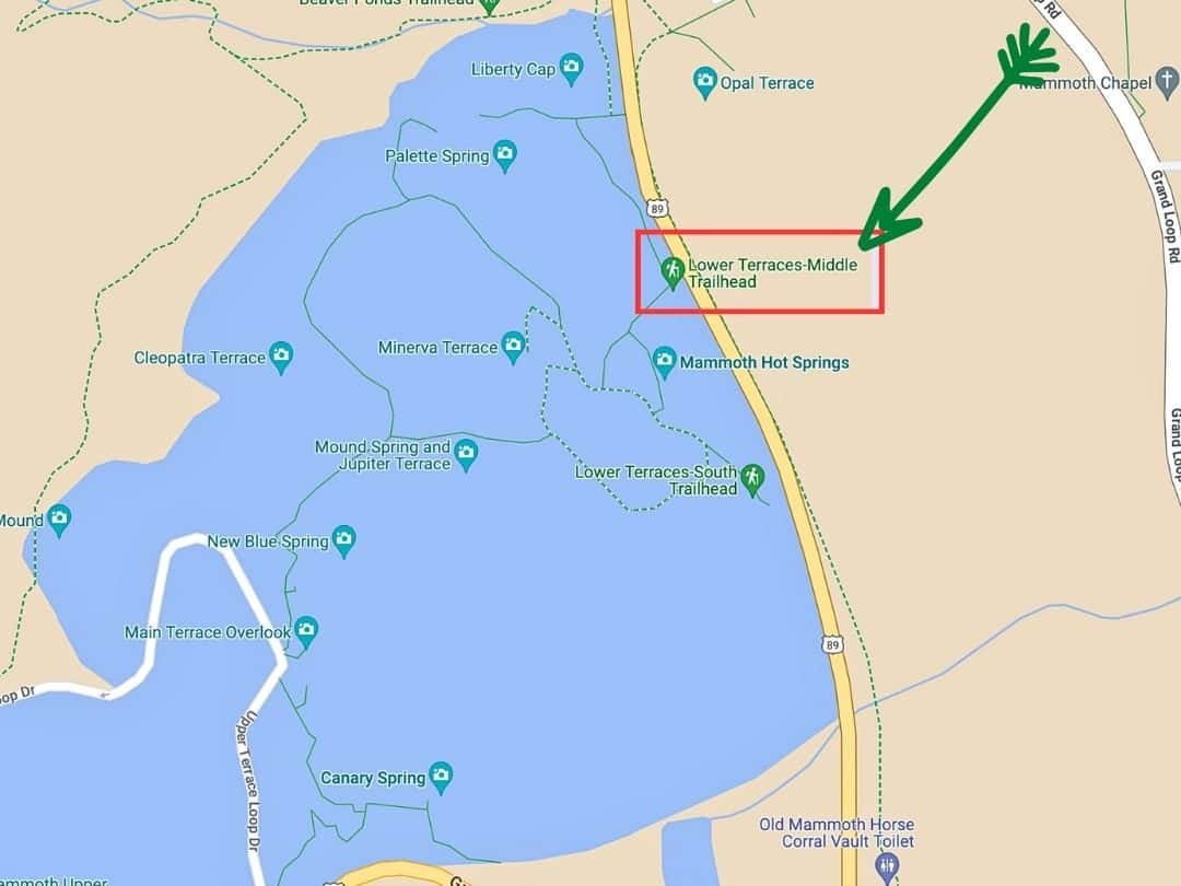 Map of Mammoth Hot Springs Lower Terraces Trail