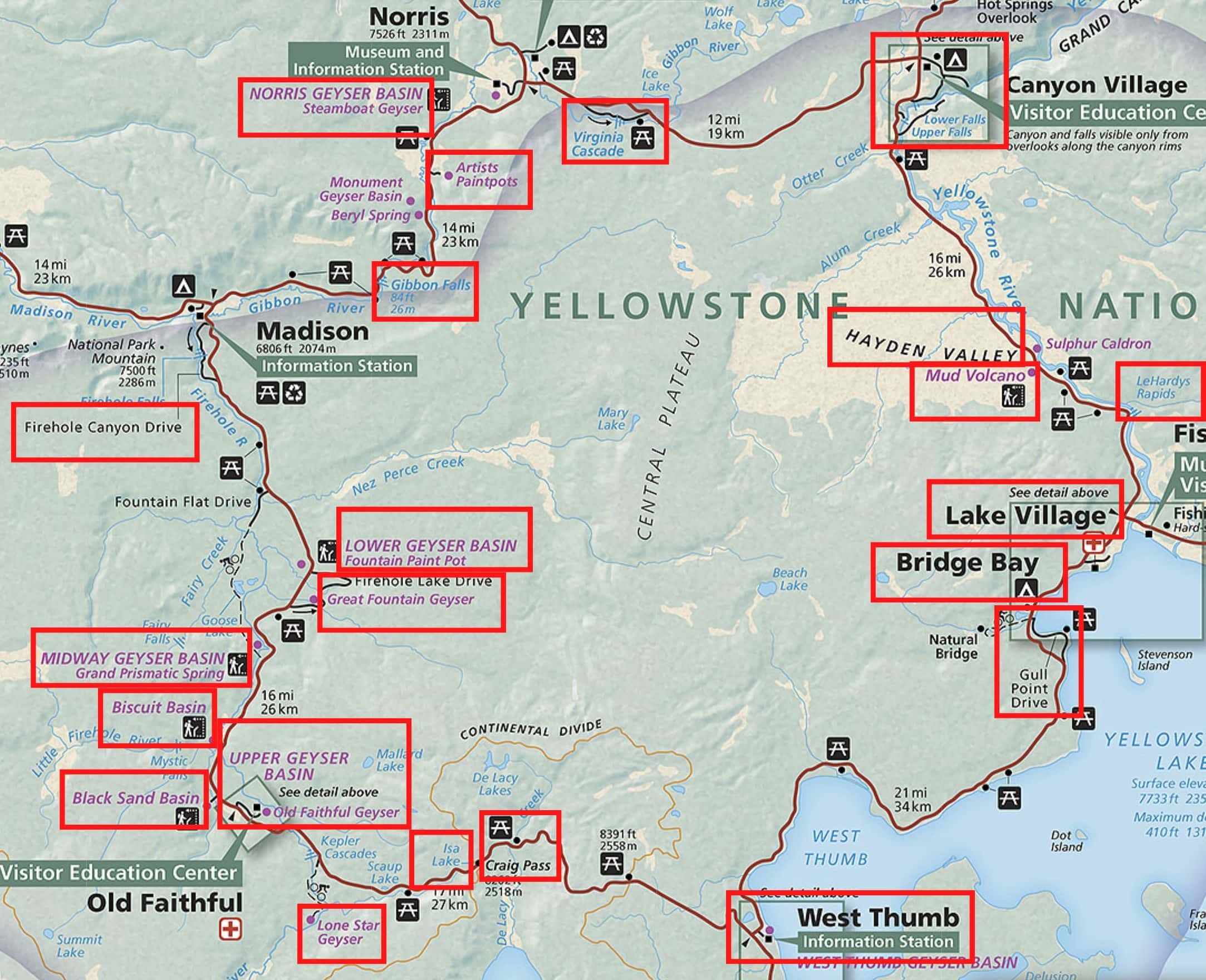 Map of Best Stops on Yellowstone Lower Loop Drive