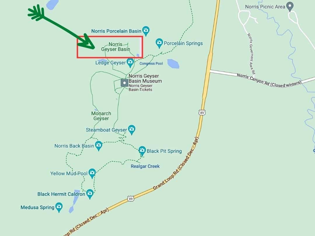 Map of Norris Geyser Basin Trail