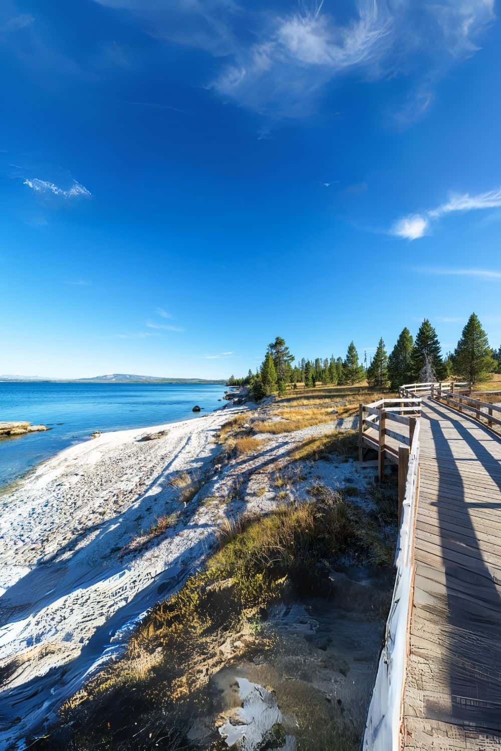 Yellowstone Lake and Boardwalk in the West Thumb Geyser Basin in Yellowstone