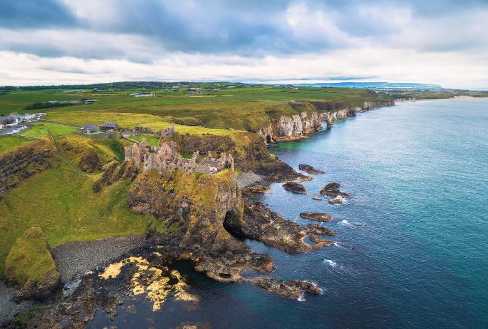 Aerial view of Dunluce Castle in Ireland
